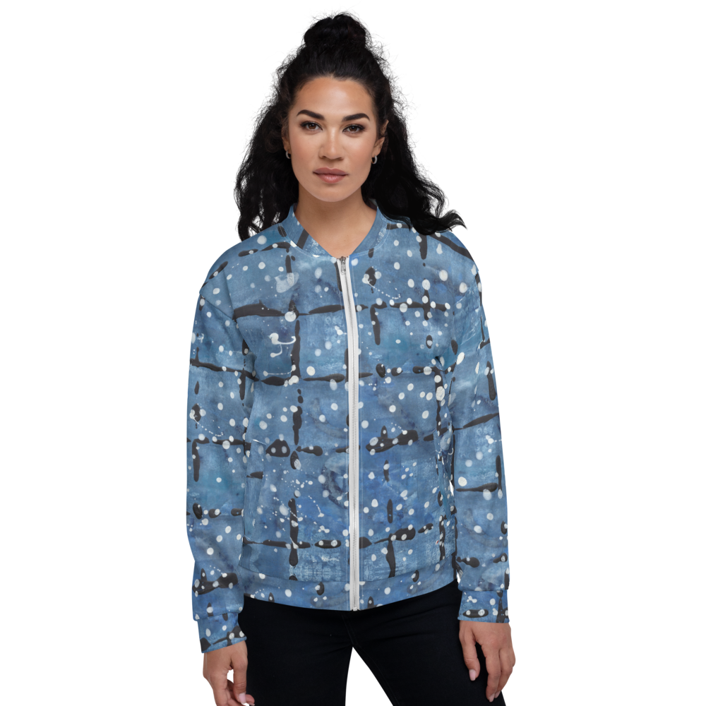 Recycled Unisex Bomber Jacket - Blu&White Dotted Plaid - Women