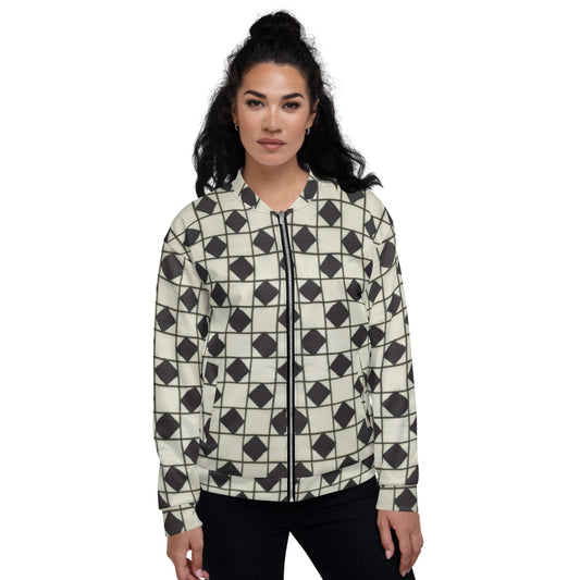 Recycled Unisex Bomber Jacket - B&W Checkerboard Optical - Women