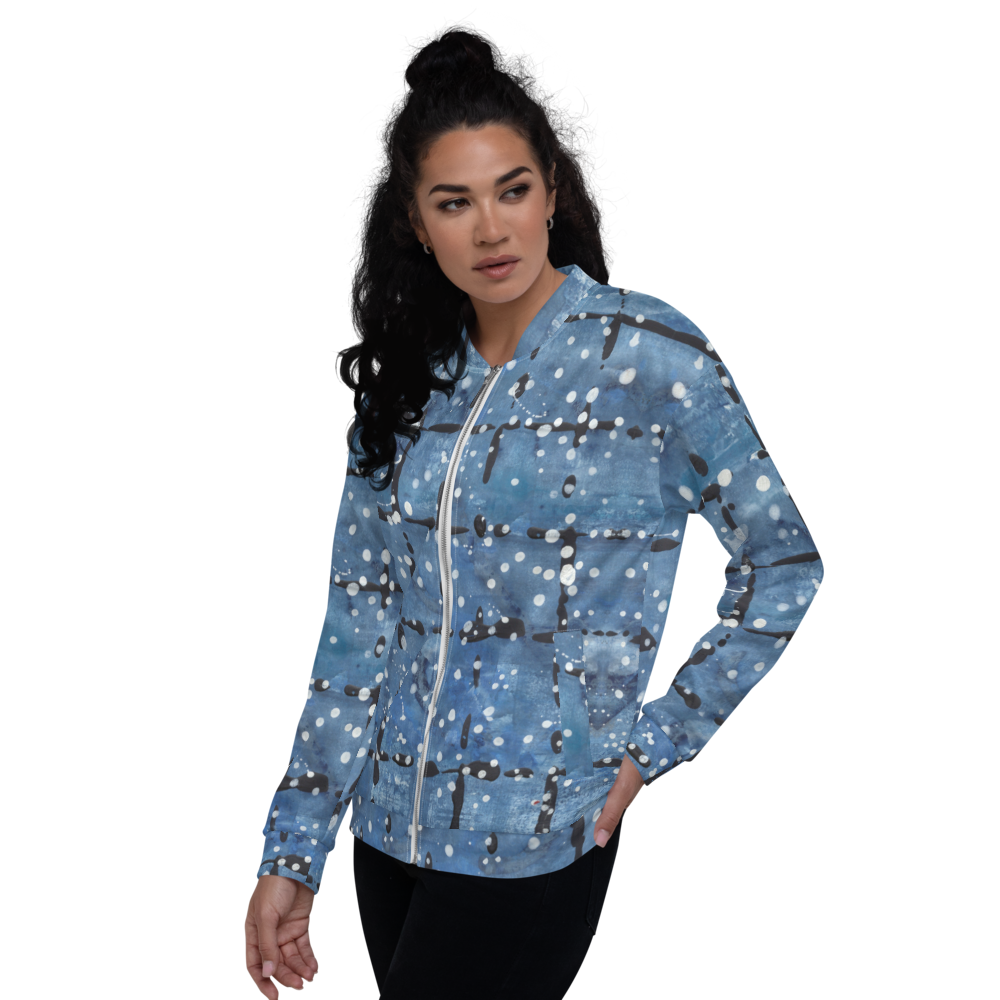 Recycled Unisex Bomber Jacket - Blu&White Dotted Plaid - Women