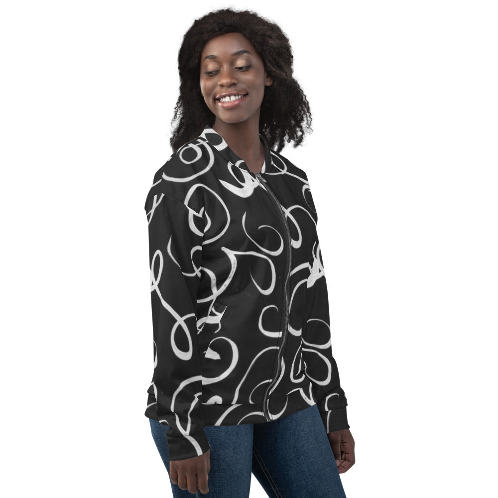 Recycled Unisex Bomber Jacket - B&W Squiggles - Women