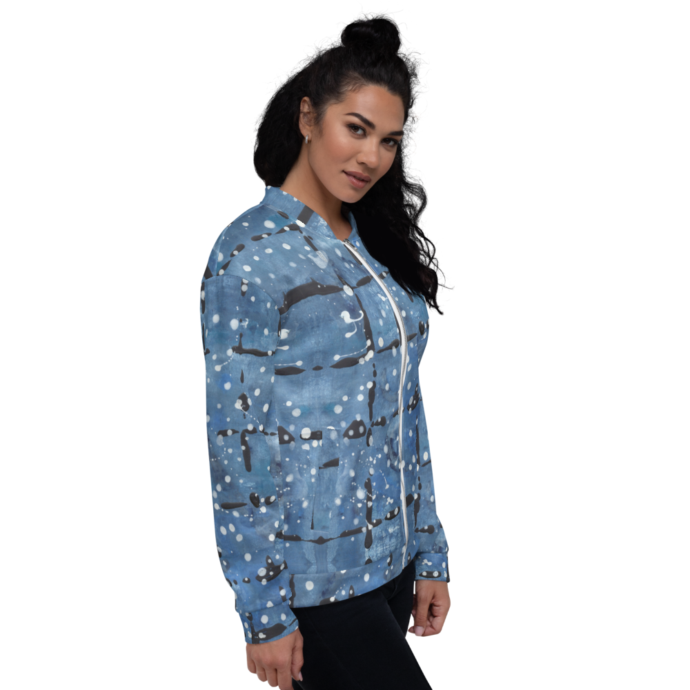 Recycled Unisex Bomber Jacket - Blu&White Dotted Plaid - Women