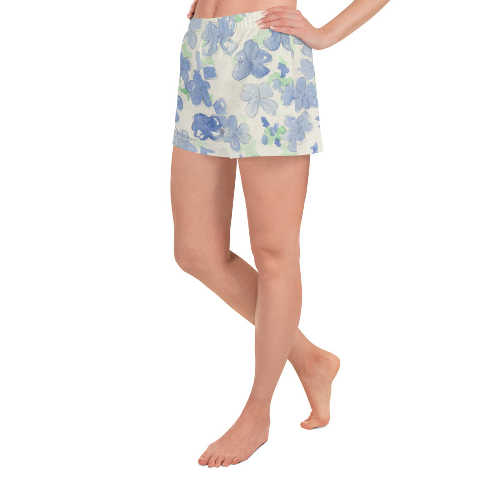 Women's Blu&White Watercolor Floral Athletic Shorts