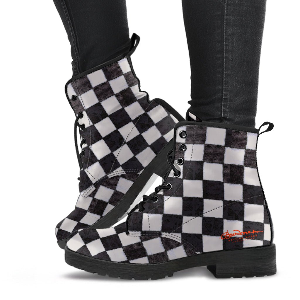 B&W Checkerboard Leather Boots (Vegan)