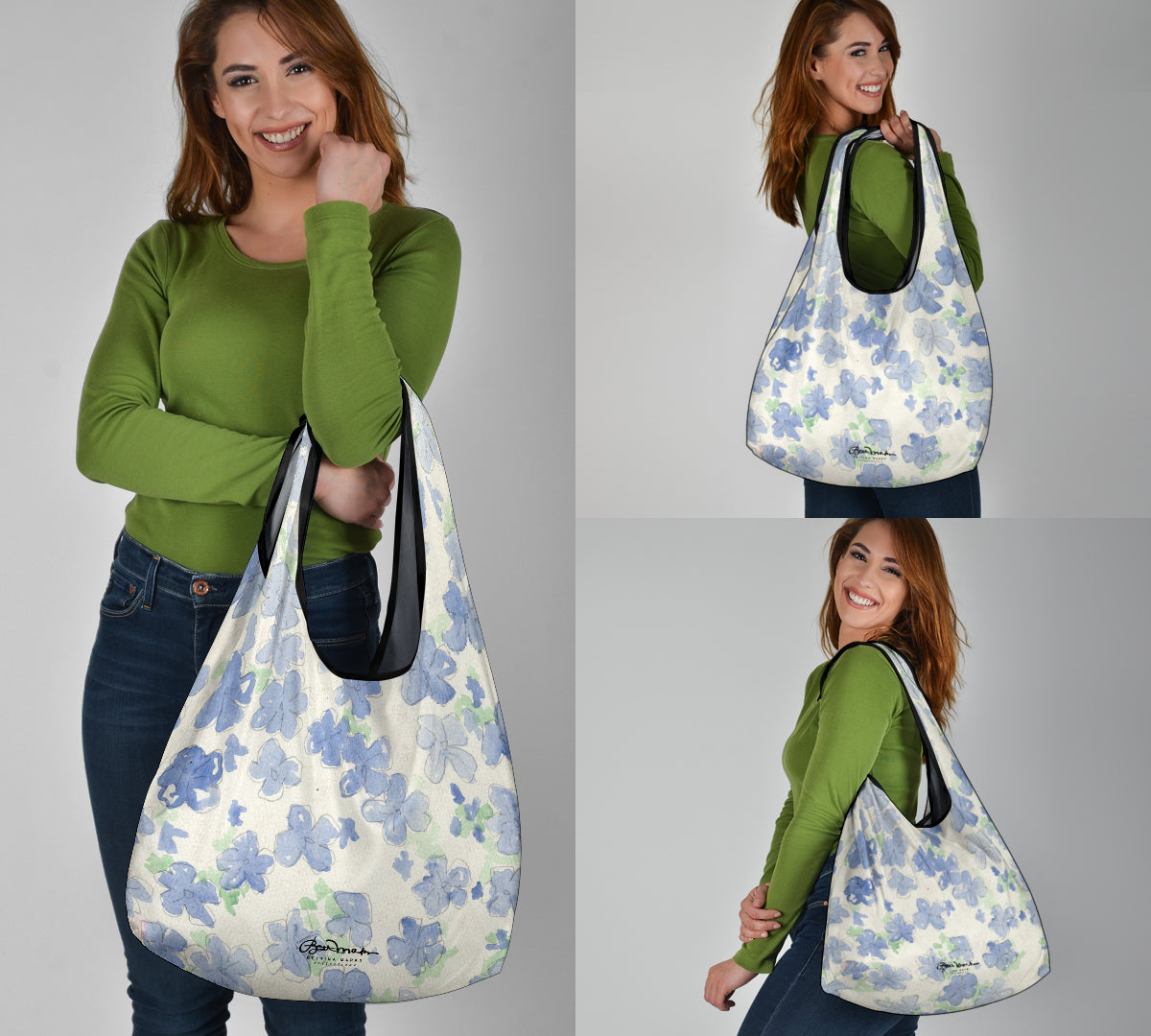 Blue&White Watercolor Floral Grocery Bag