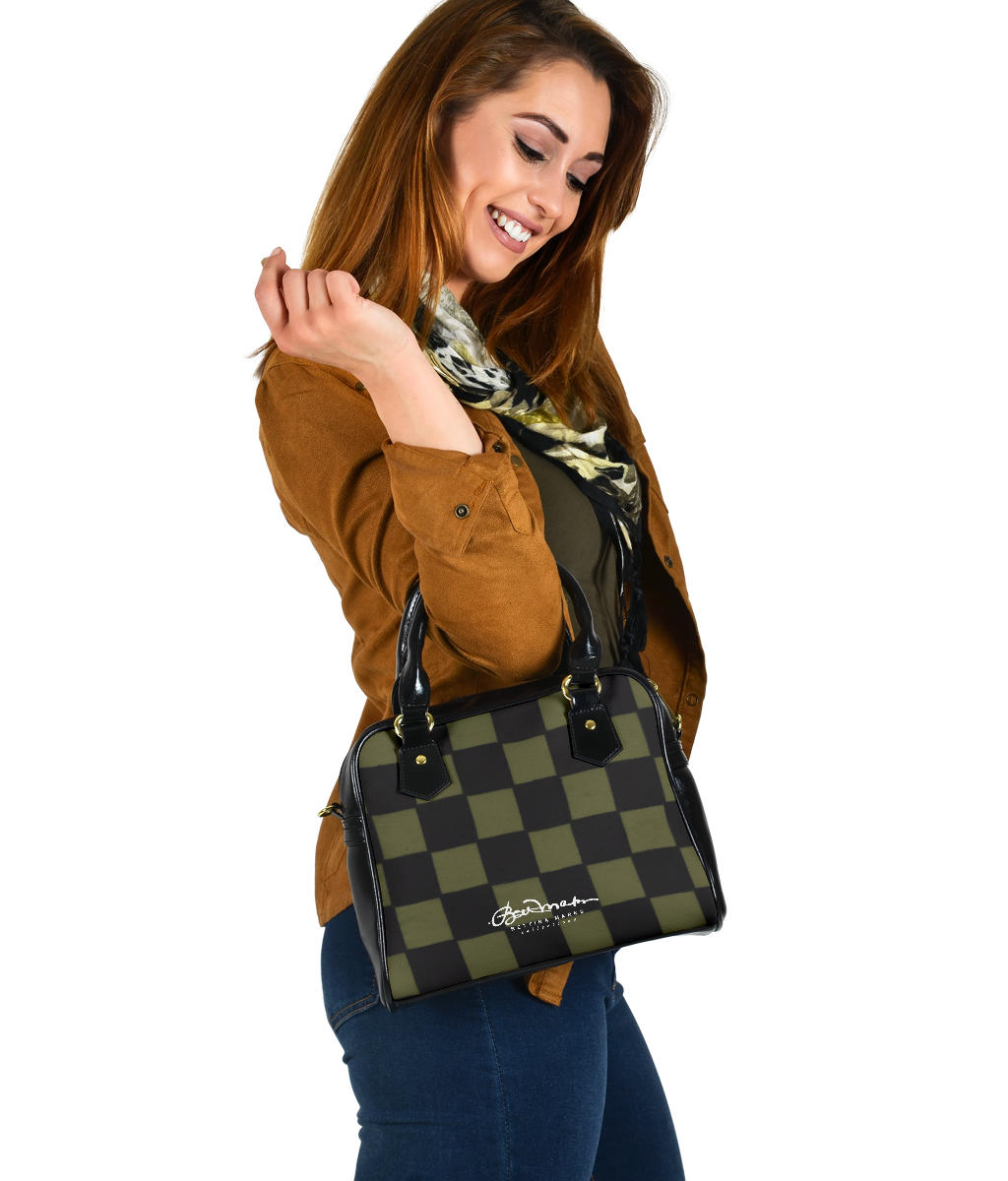 Khaki Checkerboard Hand Bag w Shoulder Strap