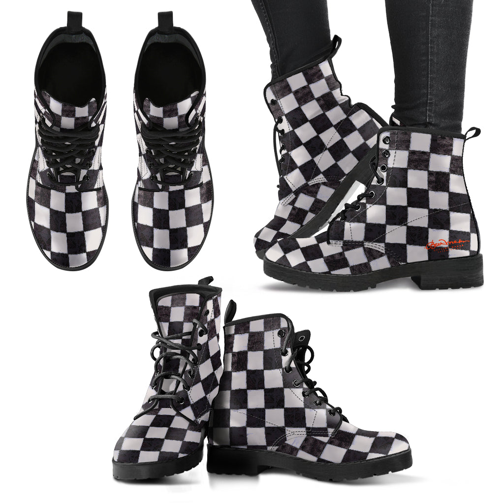 B&W Checkerboard Leather Boots (Vegan)