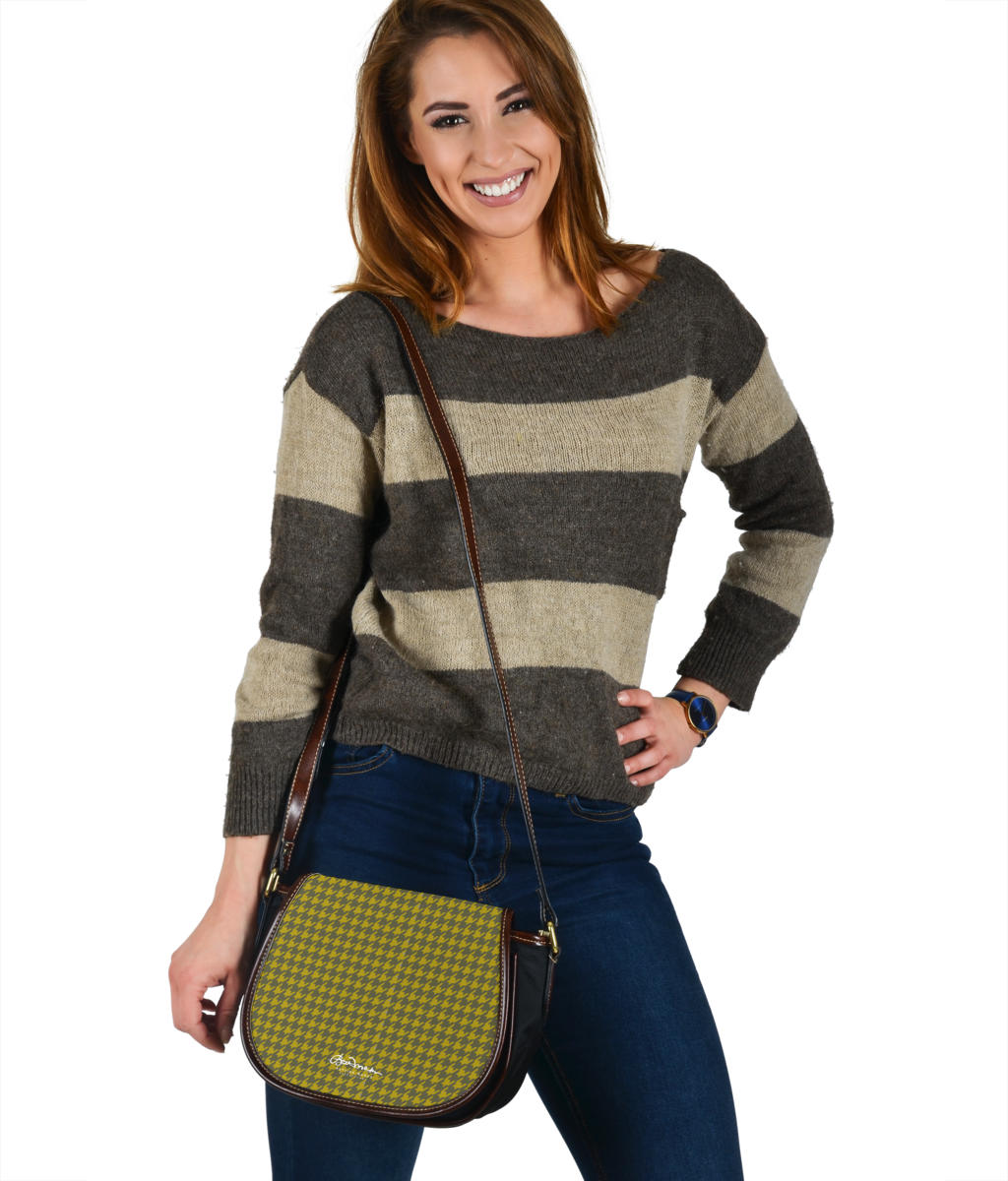 Olive Houndstooth Saddle Shoulder Bag