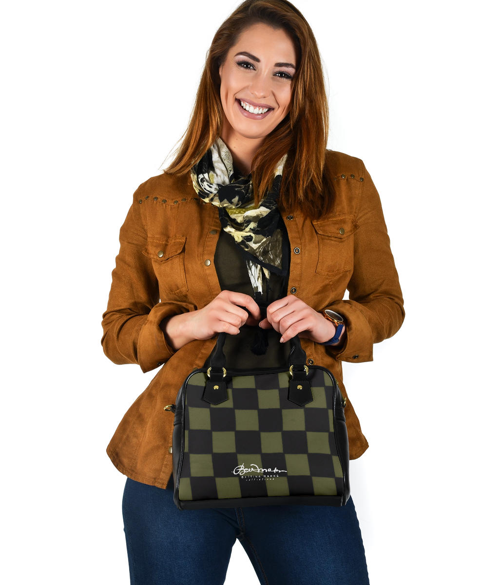 Khaki Checkerboard Hand Bag w Shoulder Strap