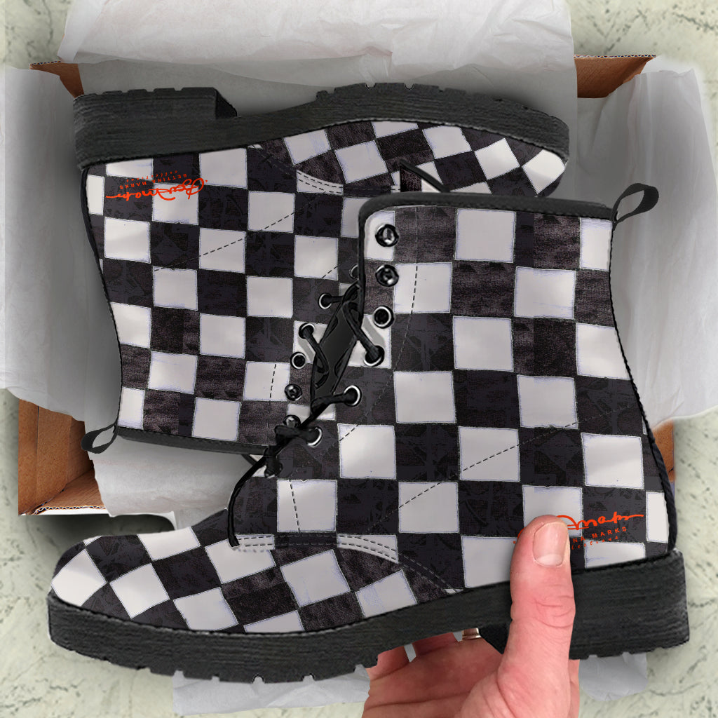 B&W Checkerboard Leather Boots (Vegan)