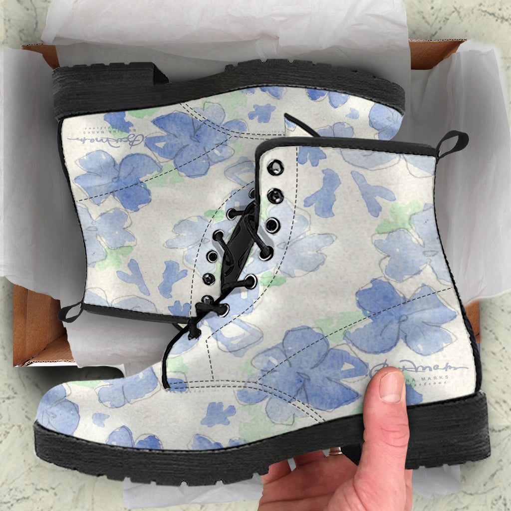 Blu&White Watercolor Floral Leather Boots (Vegan)