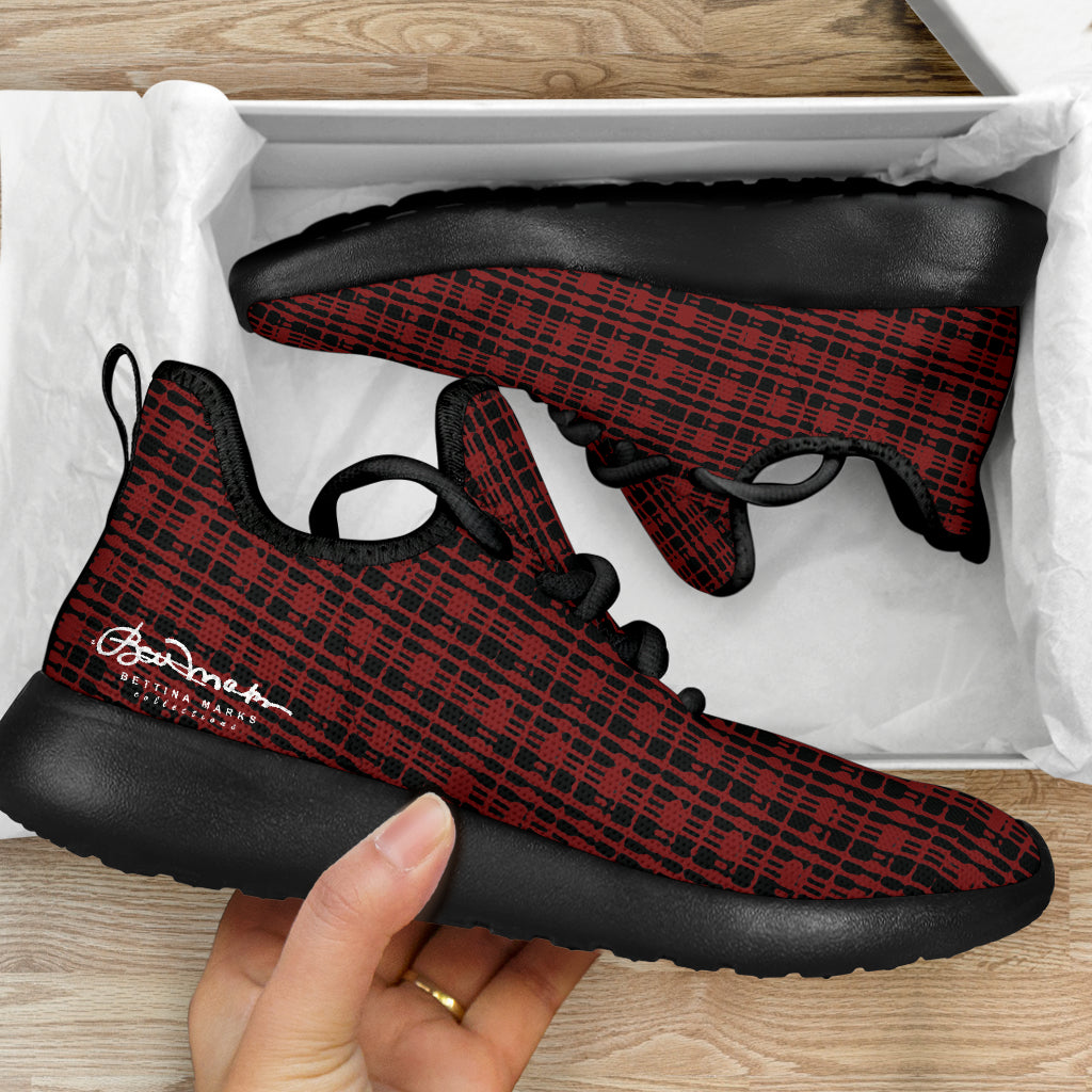 Black Red Tight Plaid Mesh Knit Sneakers