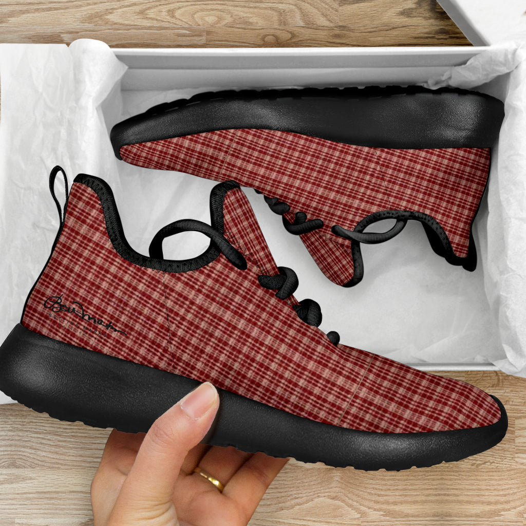 Maroon Beige Tight Plaid Mesh Knit Sneakers