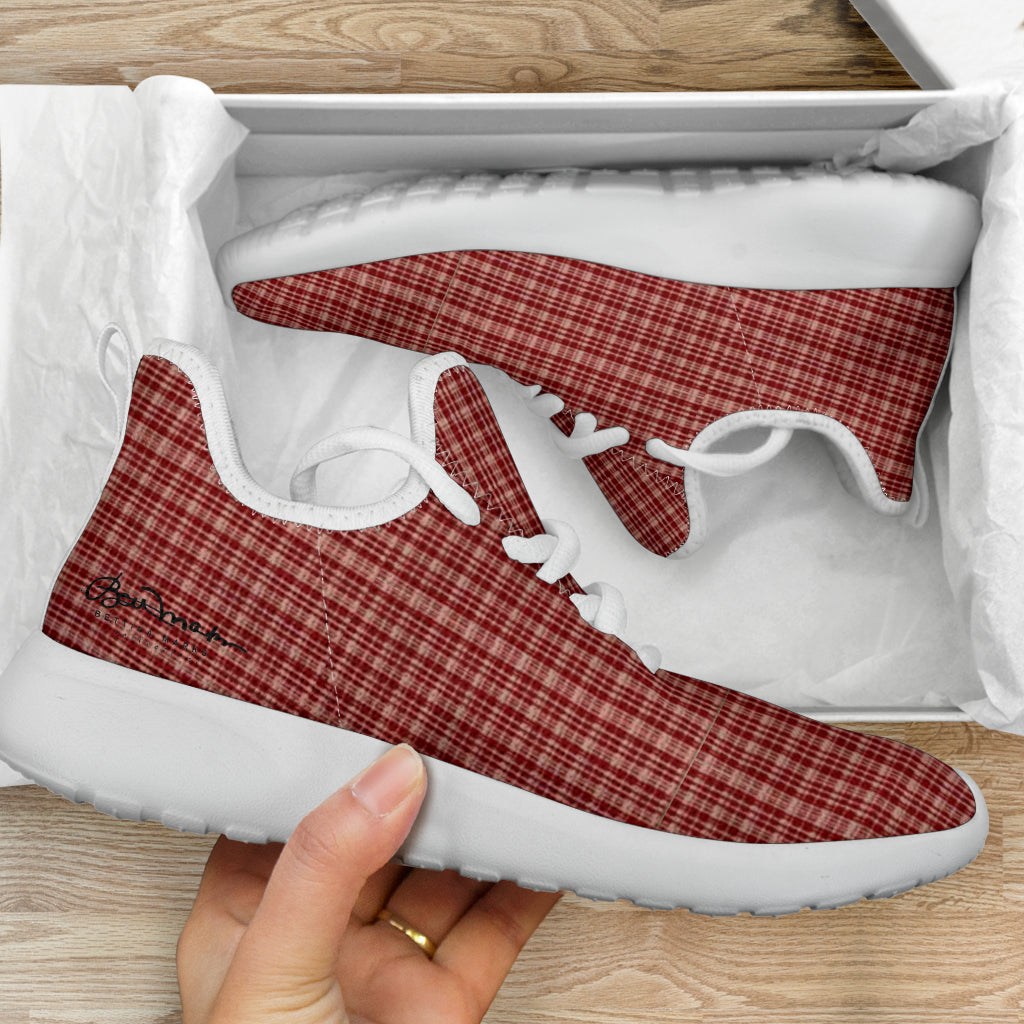 Maroon Beige Tight Plaid Mesh Knit Sneakers