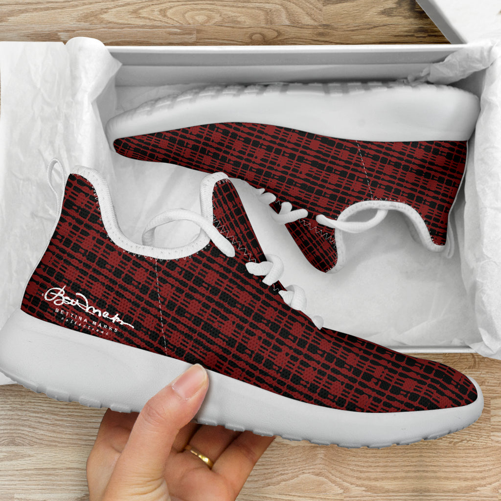 Black Red Tight Plaid Mesh Knit Sneakers