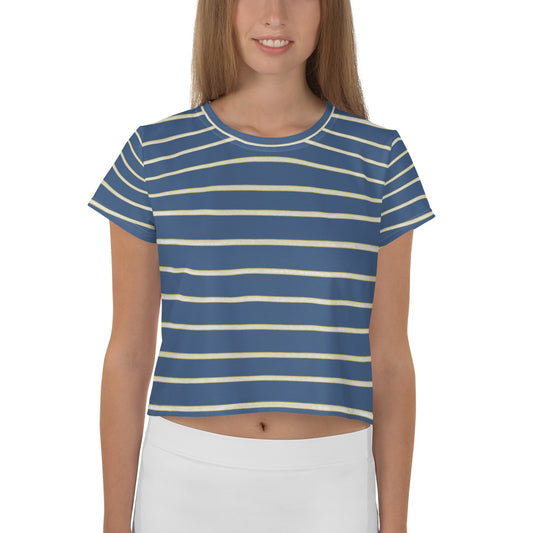 Blue Yellow White Stripe Print Crop Tee